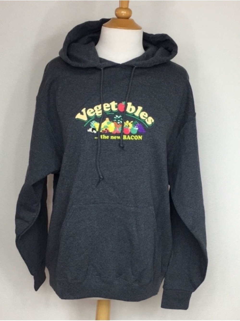 NWT New Jerzees Nu Blend Grey Vegetables The New Bacon Graphic Hoodie Size L